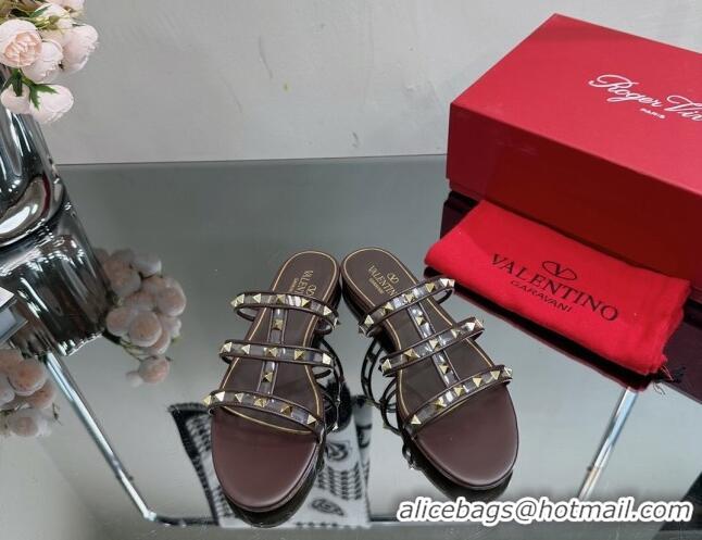 Discount Valentino Rockstud Flat Slide Sandals in Leather and Clear PVC Brown 725040