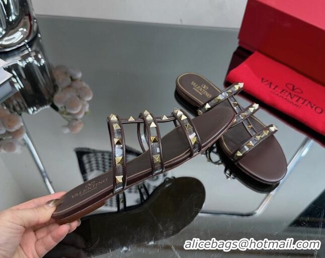 Discount Valentino Rockstud Flat Slide Sandals in Leather and Clear PVC Brown 725040