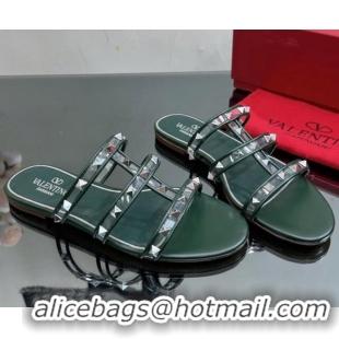 Best Product Valentino Rockstud Flat Slide Sandals in Leather and Clear PVC Dark Green 725041