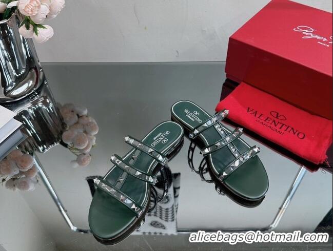 Best Product Valentino Rockstud Flat Slide Sandals in Leather and Clear PVC Dark Green 725041