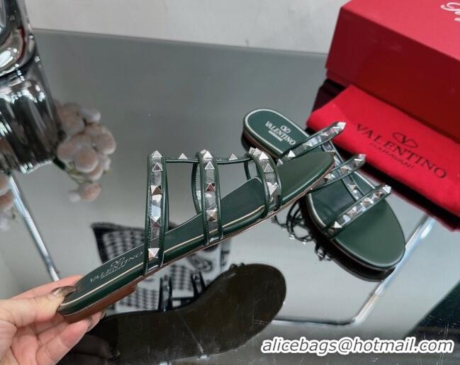 Best Product Valentino Rockstud Flat Slide Sandals in Leather and Clear PVC Dark Green 725041