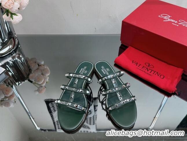 Best Product Valentino Rockstud Flat Slide Sandals in Leather and Clear PVC Dark Green 725041