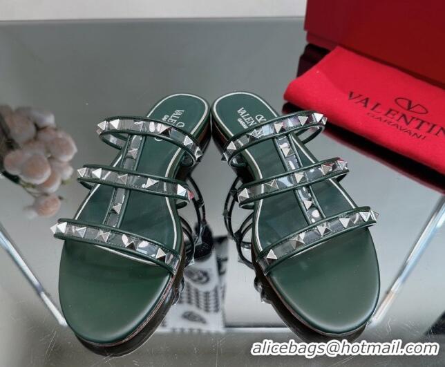 Best Product Valentino Rockstud Flat Slide Sandals in Leather and Clear PVC Dark Green 725041