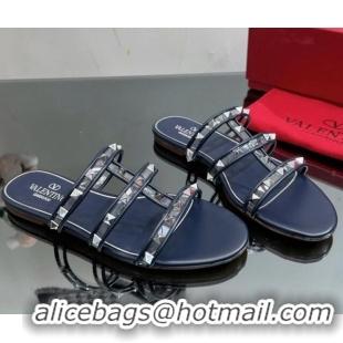 Luxury Discount Valentino Rockstud Flat Slide Sandals in Leather and Clear PVC Dark Blue 725042