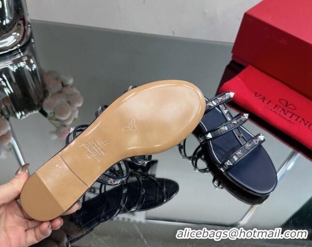 Luxury Discount Valentino Rockstud Flat Slide Sandals in Leather and Clear PVC Dark Blue 725042