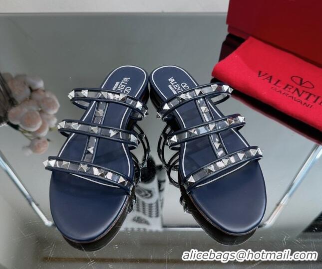 Luxury Discount Valentino Rockstud Flat Slide Sandals in Leather and Clear PVC Dark Blue 725042