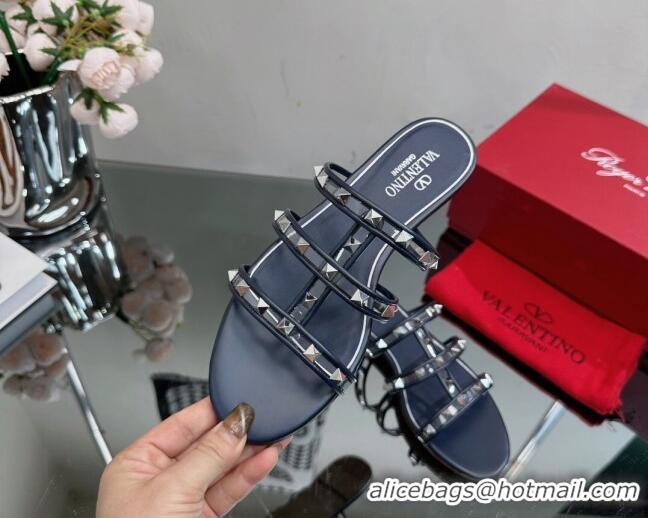 Luxury Discount Valentino Rockstud Flat Slide Sandals in Leather and Clear PVC Dark Blue 725042