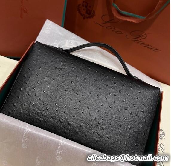 Famous Brand Loro Piana Extra Pocket Pouch L27 in Ostrich Pattern Leather LP5442 Black/Silver 2023