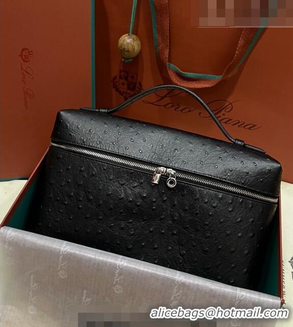 Famous Brand Loro Piana Extra Pocket Pouch L27 in Ostrich Pattern Leather LP5442 Black/Silver 2023