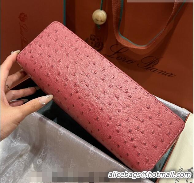 Low Price Loro Piana Extra Pocket Pouch L27 in Ostrich Pattern Leather LP5442 Pink/Silver 2023