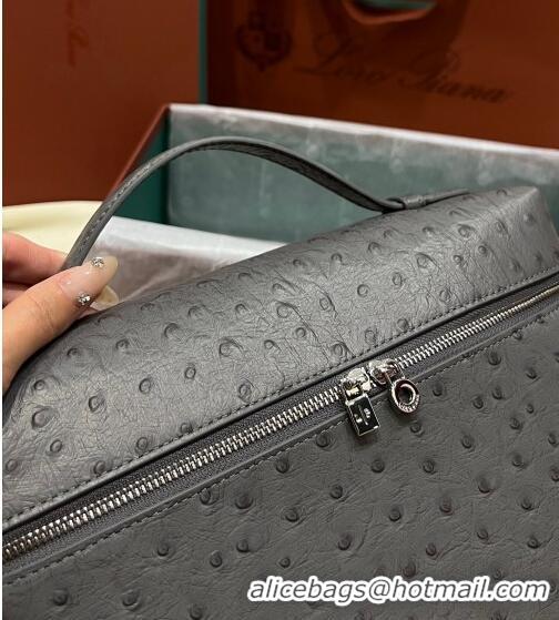 Inexpensive Loro Piana Extra Pocket Pouch L27 in Ostrich Pattern Leather LP5442 Grey/Silver 2023