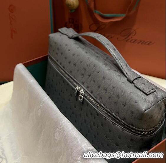 Inexpensive Loro Piana Extra Pocket Pouch L27 in Ostrich Pattern Leather LP5442 Grey/Silver 2023