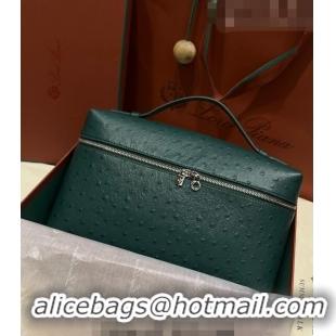 Super Quality Loro Piana Extra Pocket Pouch L27 in Ostrich Pattern Leather LP5442 Green/Silver 2023