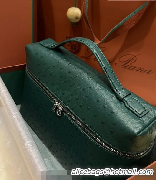 Super Quality Loro Piana Extra Pocket Pouch L27 in Ostrich Pattern Leather LP5442 Green/Silver 2023