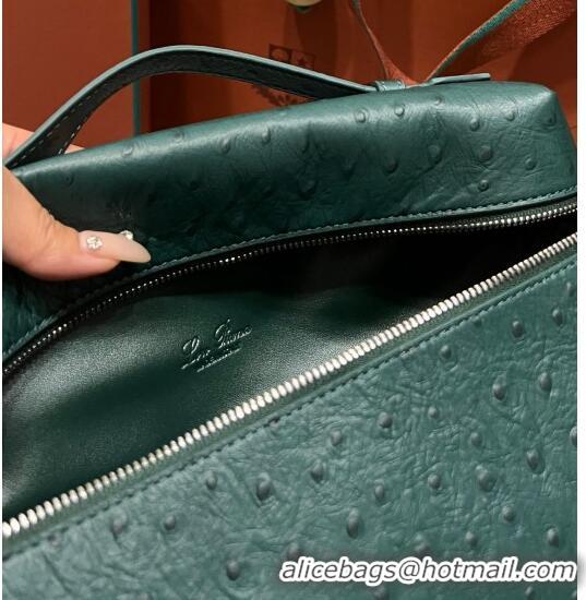 Super Quality Loro Piana Extra Pocket Pouch L27 in Ostrich Pattern Leather LP5442 Green/Silver 2023