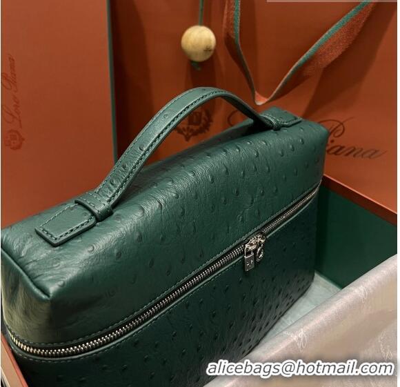 Super Quality Loro Piana Extra Pocket Pouch L27 in Ostrich Pattern Leather LP5442 Green/Silver 2023