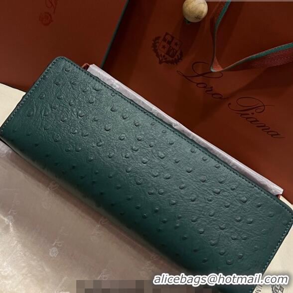 Super Quality Loro Piana Extra Pocket Pouch L27 in Ostrich Pattern Leather LP5442 Green/Silver 2023