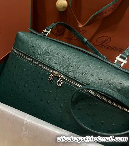 Super Quality Loro Piana Extra Pocket Pouch L27 in Ostrich Pattern Leather LP5442 Green/Silver 2023