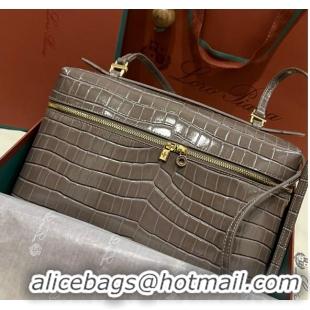 Shop Grade Loro Piana Extra Pocket Pouch L27 in Crocodile Pattern Leather LP5443 Grey/Gold 2023