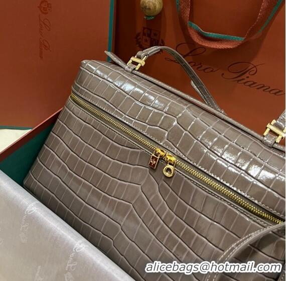 Shop Grade Loro Piana Extra Pocket Pouch L27 in Crocodile Pattern Leather LP5443 Grey/Gold 2023