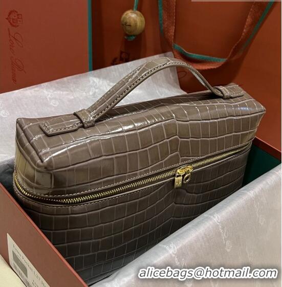 Shop Grade Loro Piana Extra Pocket Pouch L27 in Crocodile Pattern Leather LP5443 Grey/Gold 2023