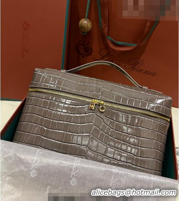 Shop Grade Loro Piana Extra Pocket Pouch L27 in Crocodile Pattern Leather LP5443 Grey/Gold 2023