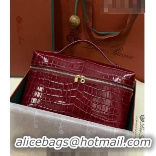 Top Quality Loro Piana Extra Pocket Pouch L27 in Crocodile Pattern Leather LP5443 Burgundy/Gold 2023