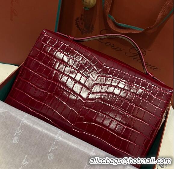 Top Quality Loro Piana Extra Pocket Pouch L27 in Crocodile Pattern Leather LP5443 Burgundy/Gold 2023