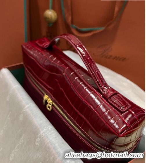 Top Quality Loro Piana Extra Pocket Pouch L27 in Crocodile Pattern Leather LP5443 Burgundy/Gold 2023