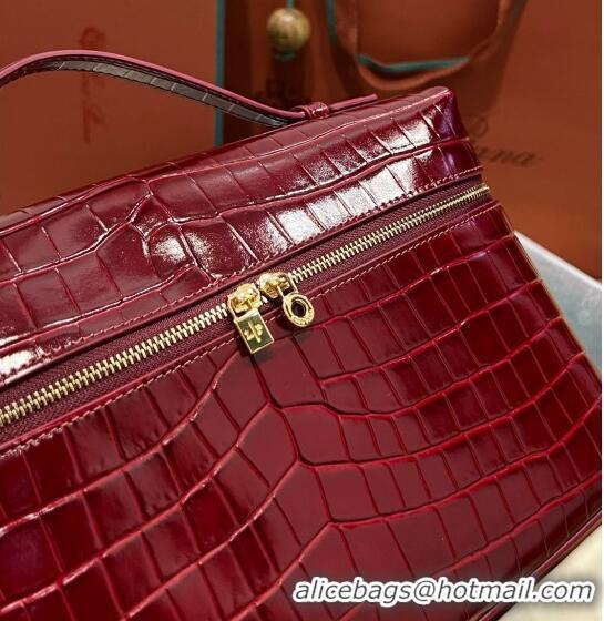 Top Quality Loro Piana Extra Pocket Pouch L27 in Crocodile Pattern Leather LP5443 Burgundy/Gold 2023