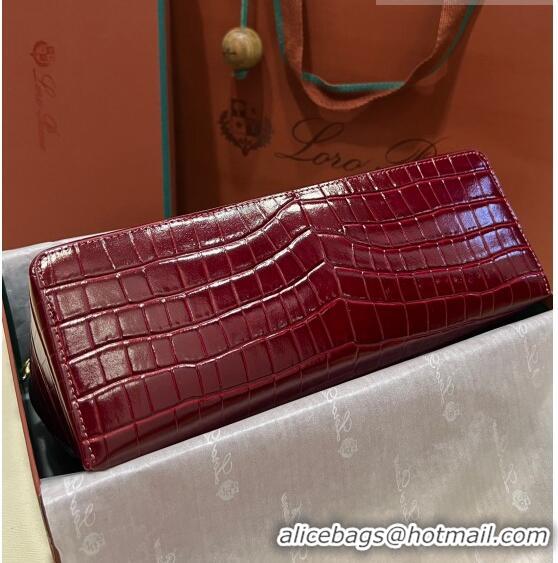 Top Quality Loro Piana Extra Pocket Pouch L27 in Crocodile Pattern Leather LP5443 Burgundy/Gold 2023