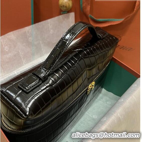 Low Price Loro Piana Extra Pocket Pouch L27 in Crocodile Pattern Leather LP5443 Black/Gold 2023