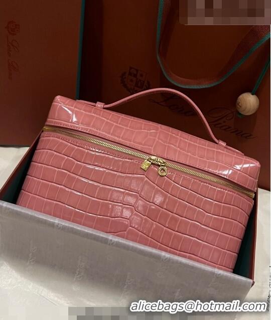 Grade Quality Loro Piana Extra Pocket Pouch L27 in Crocodile Pattern Leather LP5443 Pink/Gold 2023