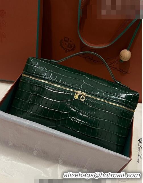 Famous Brand Loro Piana Extra Pocket Pouch L27 in Crocodile Pattern Leather LP5443 Dark Green/Gold 2023