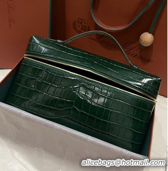 Famous Brand Loro Piana Extra Pocket Pouch L27 in Crocodile Pattern Leather LP5443 Dark Green/Gold 2023