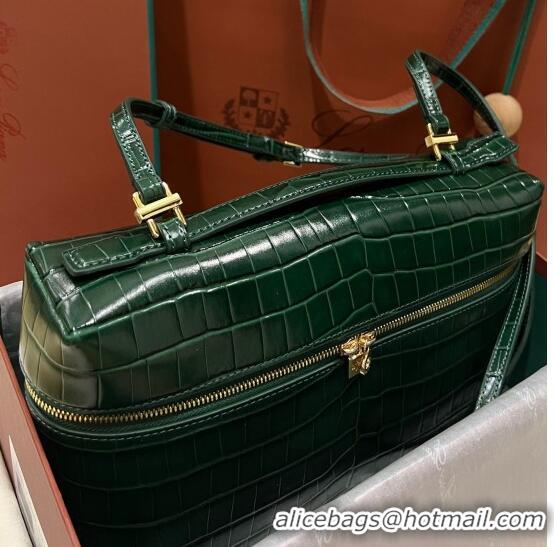 Famous Brand Loro Piana Extra Pocket Pouch L27 in Crocodile Pattern Leather LP5443 Dark Green/Gold 2023