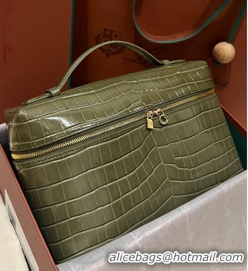 Discount Loro Piana Extra Pocket Pouch L27 in Crocodile Pattern Leather LP5443 Green 2/Gold 2023