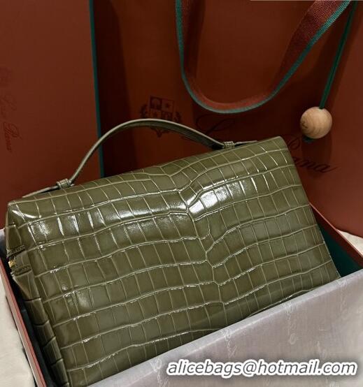 Discount Loro Piana Extra Pocket Pouch L27 in Crocodile Pattern Leather LP5443 Green 2/Gold 2023