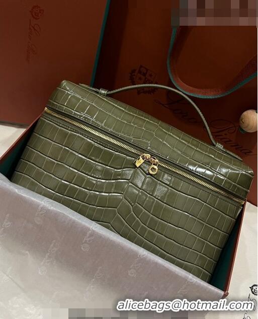 Discount Loro Piana Extra Pocket Pouch L27 in Crocodile Pattern Leather LP5443 Green 2/Gold 2023