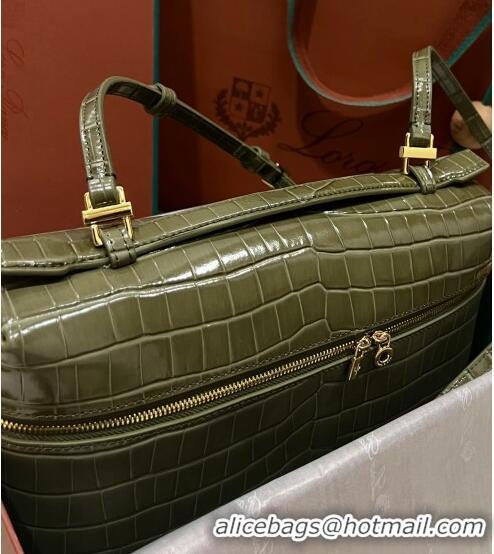 Discount Loro Piana Extra Pocket Pouch L27 in Crocodile Pattern Leather LP5443 Green 2/Gold 2023