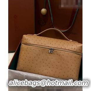 Cheapest Loro Piana Extra Pocket Pouch L27 in Ostrich Pattern Leather LP5446 Light Brown 2023