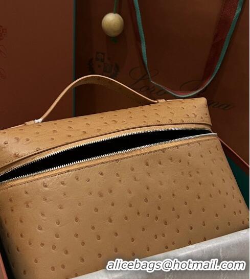 Cheapest Loro Piana Extra Pocket Pouch L27 in Ostrich Pattern Leather LP5446 Light Brown 2023