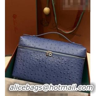 Luxurious Loro Piana Extra Pocket Pouch L27 in Ostrich Pattern Leather LP5446 Blue 2 2023