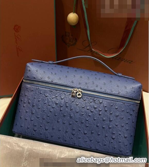 Luxurious Loro Piana Extra Pocket Pouch L27 in Ostrich Pattern Leather LP5446 Blue 2 2023