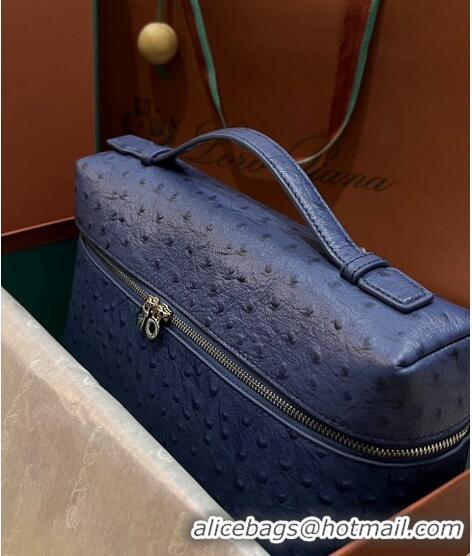 Luxurious Loro Piana Extra Pocket Pouch L27 in Ostrich Pattern Leather LP5446 Blue 2 2023