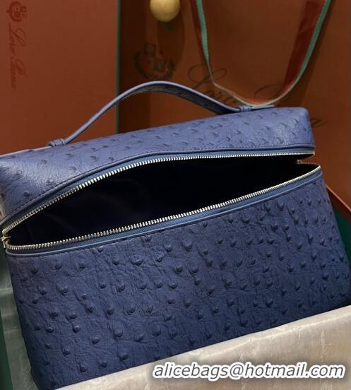 Luxurious Loro Piana Extra Pocket Pouch L27 in Ostrich Pattern Leather LP5446 Blue 2 2023