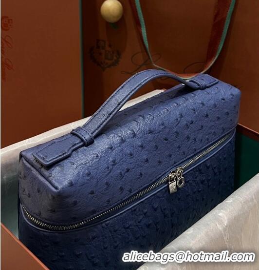 Luxurious Loro Piana Extra Pocket Pouch L27 in Ostrich Pattern Leather LP5446 Blue 2 2023