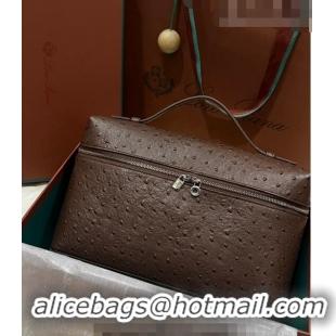 Low Price Loro Piana Extra Pocket Pouch L27 in Ostrich Pattern Leather LP5446 Dark Brown/Silver 2023