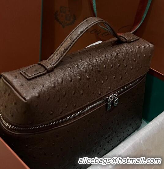 Low Price Loro Piana Extra Pocket Pouch L27 in Ostrich Pattern Leather LP5446 Dark Brown/Silver 2023