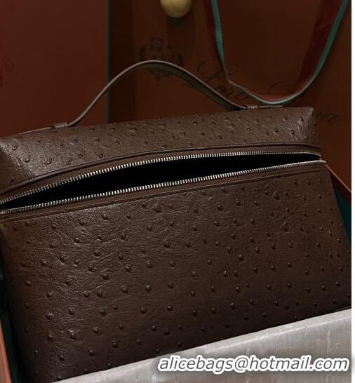 Low Price Loro Piana Extra Pocket Pouch L27 in Ostrich Pattern Leather LP5446 Dark Brown/Silver 2023